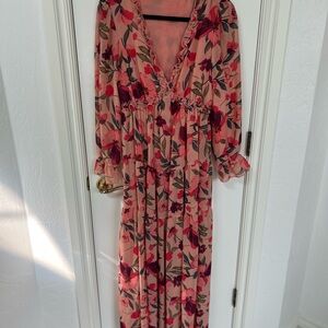 Amazon Pink and Black Plunge Bishop Sleeve Sundress